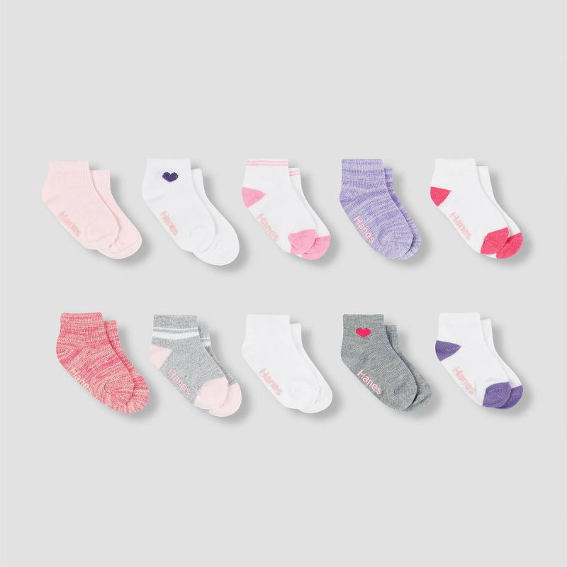 slide 1 of 4, Hanes Baby Girls' 10pk Ankle Socks - Colors May Vary 12-24M: Breathable Knit, Nonslip Grippers, 10 ct