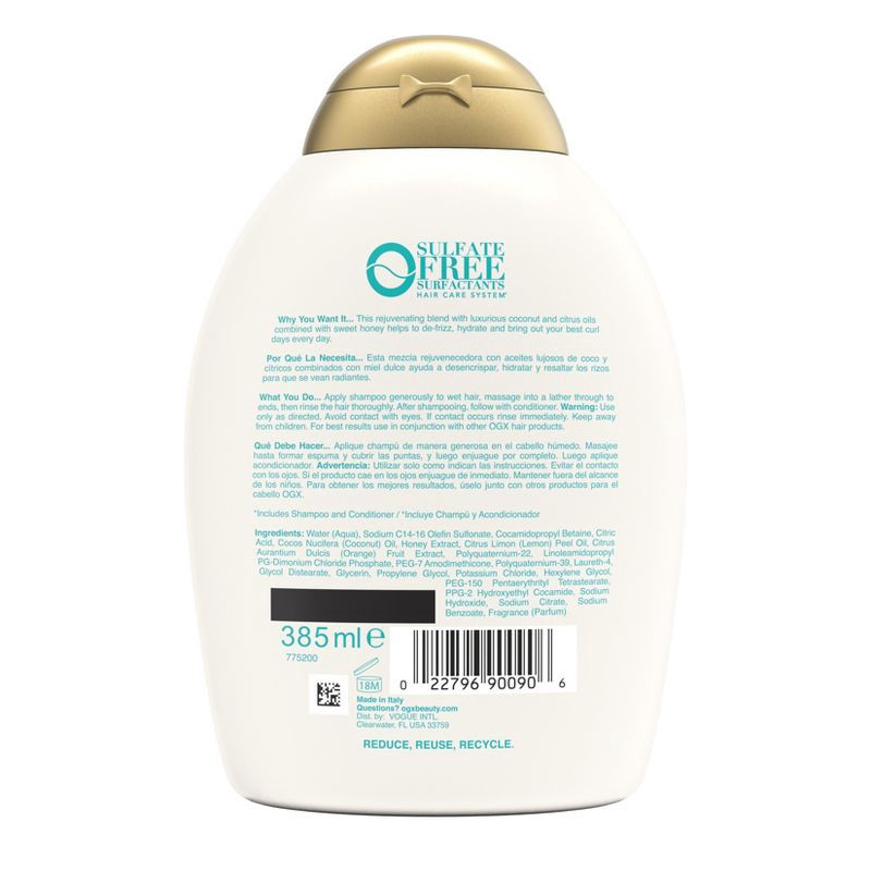 slide 10 of 10, OGX Quenching+ Coconut Curls Shampoo Curly Hair Shampoo with Coconut Oil, Citrus Oil & Honey - 13 fl oz, 13 fl oz