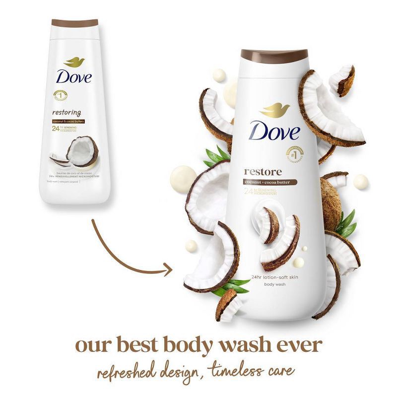 slide 3 of 14, Dove Beauty Dove Restore Body Wash - Coconut & Cocoa Butter 24hr Lotion-Soft Skin - 20oz, 20 oz
