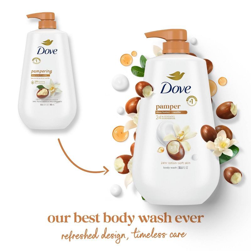 slide 4 of 11, Dove Beauty Dove Pamper Body Wash Pump - Shea Butter & Vanilla 24hr Lotion-Soft Skin - 30.6 fl oz, 30.6 fl oz