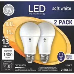 GE Household Lighting GE 2pk 100W A19 LED Light Bulbs Soft White