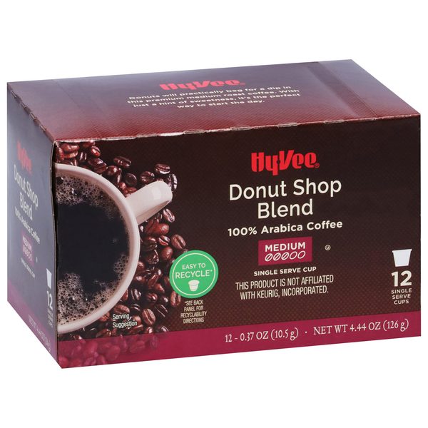 slide 1 of 1, Hy-vee Medium Roast Donut Shop Blend 100% Arabica Coffee Single Serve Cups - 12 ct, 12 ct