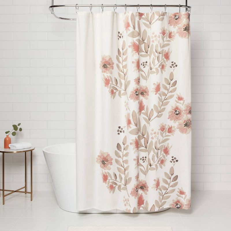 slide 4 of 4, Blooms Flat Weave Shower Curtain Coral - Threshold™: 100% Cotton, Botanical Pattern, Machine Washable, 1 ct