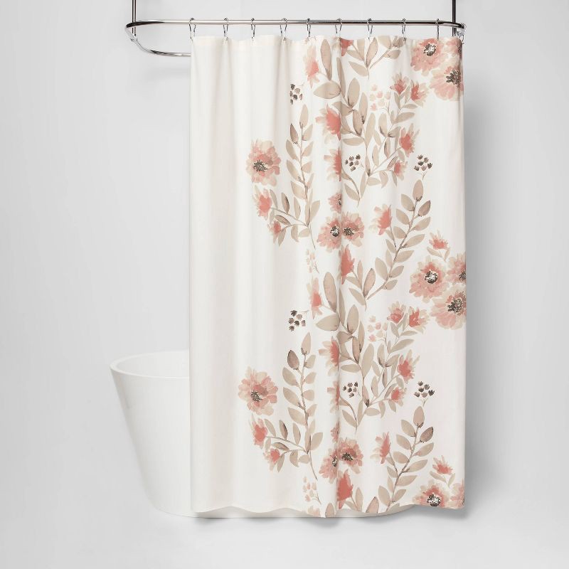 slide 1 of 4, Blooms Flat Weave Shower Curtain Coral - Threshold™: 100% Cotton, Botanical Pattern, Machine Washable, 1 ct