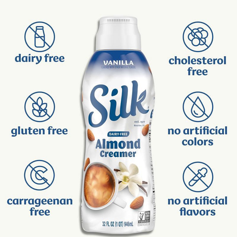 slide 2 of 12, Silk Vanilla Almond Creamer - 32 fl oz (1qt) Bottle, 32 fl oz, 1 qt