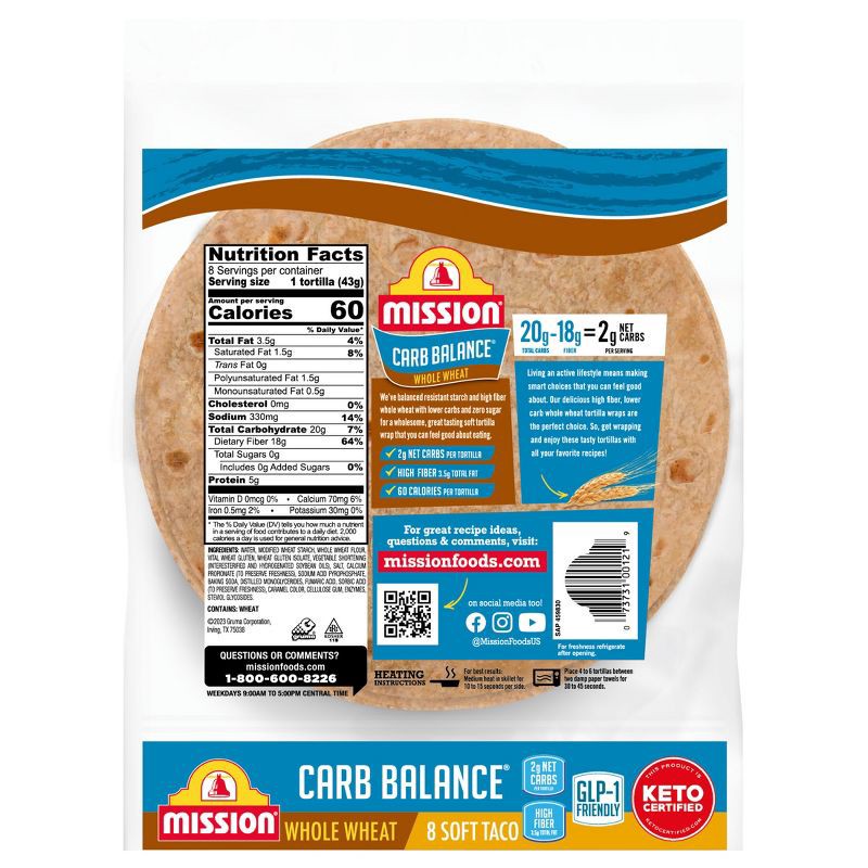 slide 2 of 8, Mission Taco Size Carb Balance Whole Wheat Tortillas - 12oz/8ct, 8 ct; 12 oz