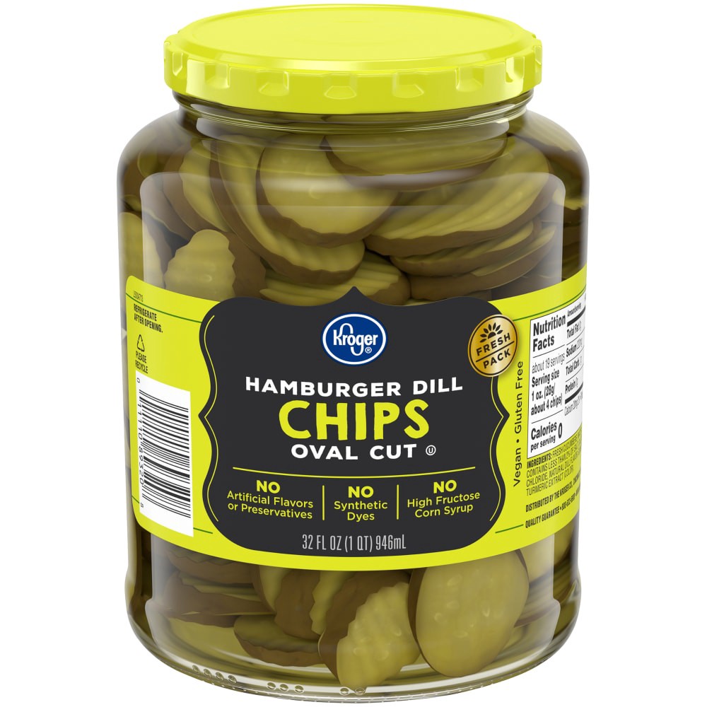 slide 1 of 6, Kroger Oval Cut Hamburger Dill Chips, 32 fl oz