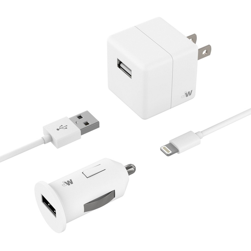 slide 3 of 8, Just Wireless 1A/5W 1-Port USB-A Car & Home Charger with TPU Lightning to USB-A Cable - White, 5ft