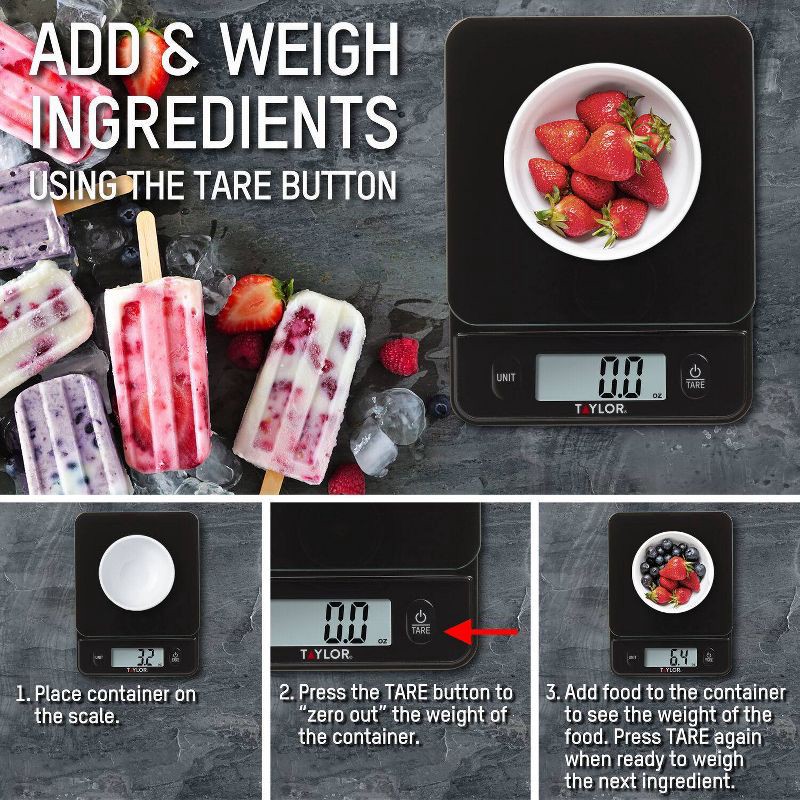 slide 7 of 9, Taylor Digital Kitchen Glass Top 11lb Food Scale Black, 11 lb