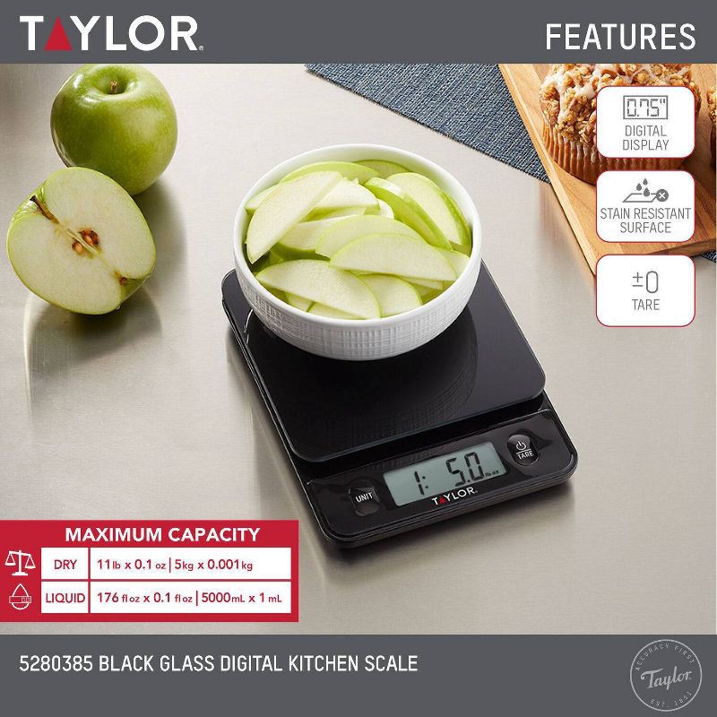 slide 8 of 9, Taylor Digital Kitchen Glass Top 11lb Food Scale Black, 11 lb