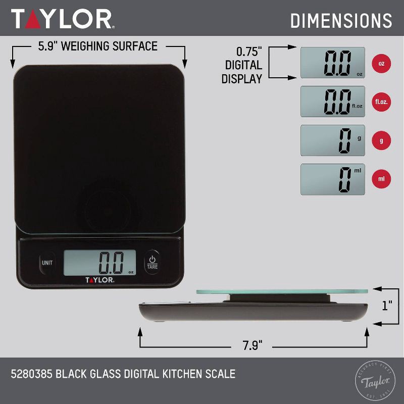 slide 9 of 9, Taylor Digital Kitchen Glass Top 11lb Food Scale Black, 11 lb