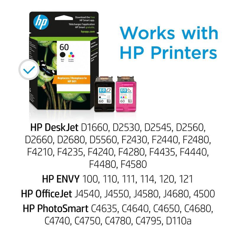 slide 10 of 15, HP Inc. HP 60 Combo 2pk Ink Cartridges - Black, Tri-color (N9H63FN#140): Standard Yield Pack, 2 ct