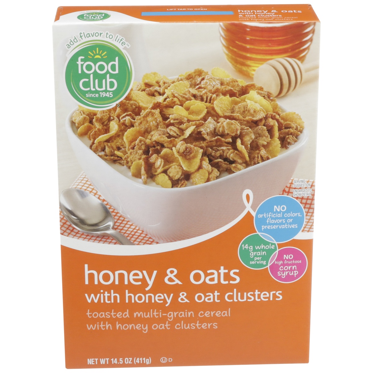 slide 1 of 1, Food Club Honey & Oats Toasted Multi-Grain Cereal With Honey Oat Clusters, 14.5 oz