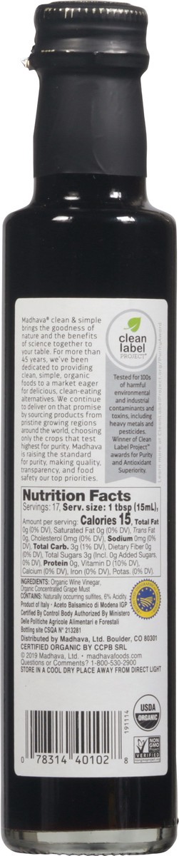 slide 8 of 9, Madhava Organic Balsamic Vinegar of Modena 8.45 fl oz, 8.45 fl oz