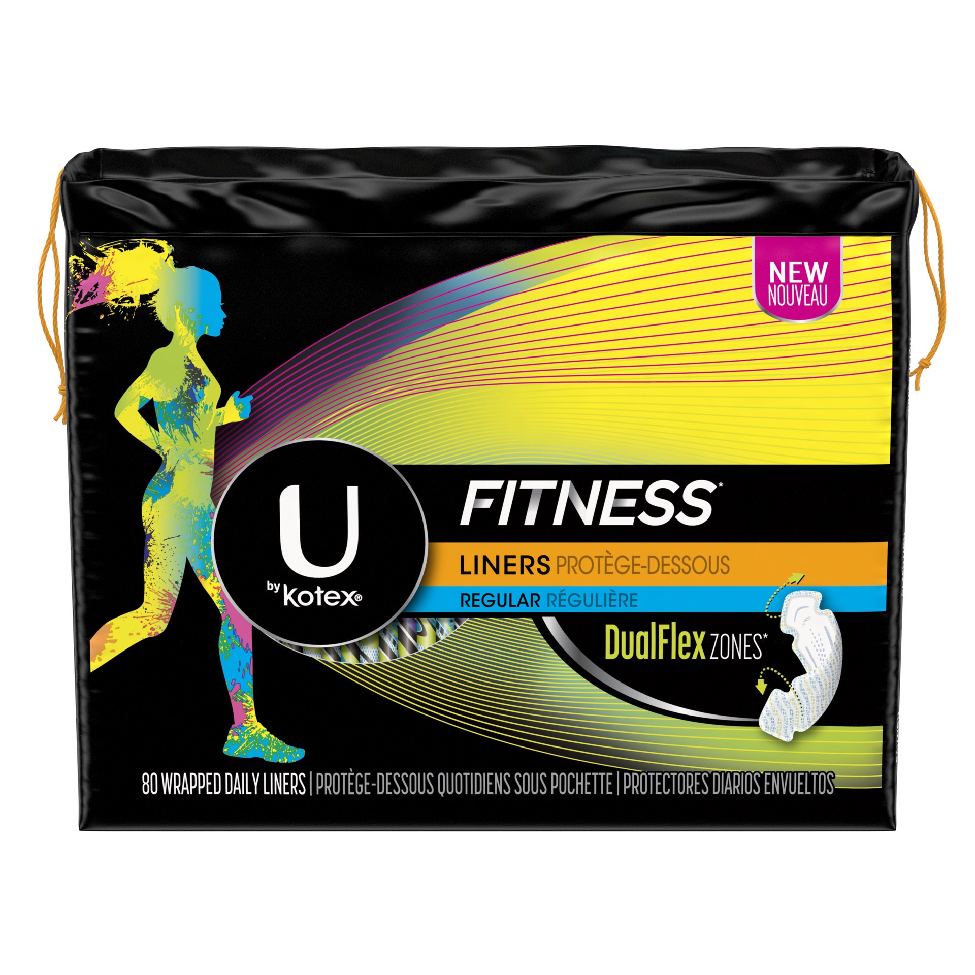 slide 1 of 3, U by Kotex Fitness Panty Liners, Light Absorbency, Regular, Fragrance-Free, 80 Count, 80 ct