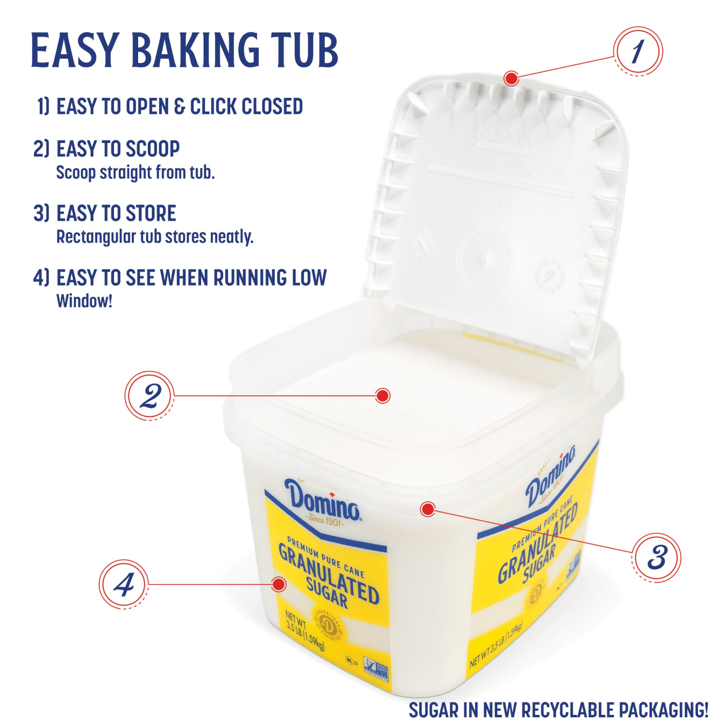 slide 4 of 7, Domino Premium Pure Cane Granulated Sugar 3.5 lb Tub, 56 oz