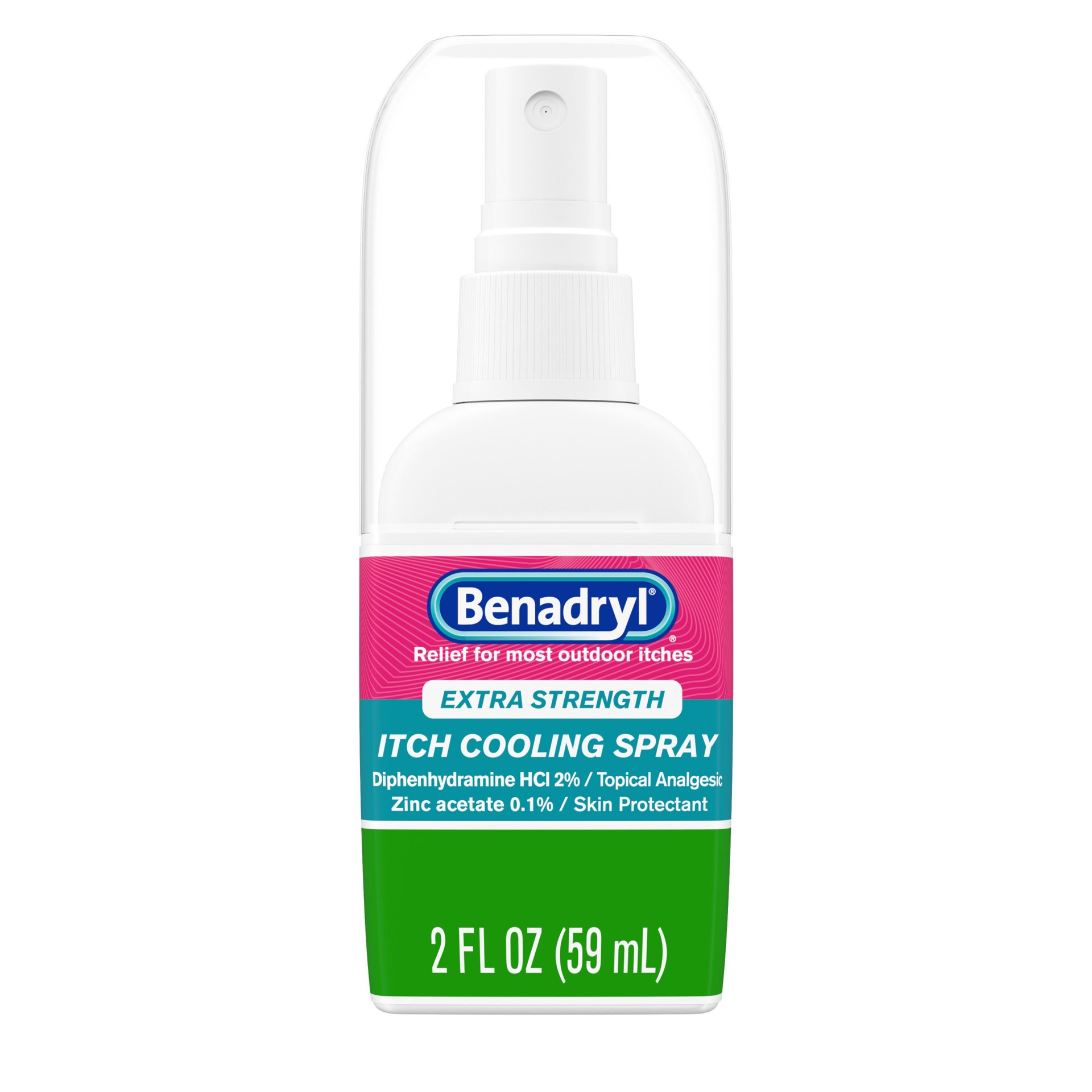 slide 1 of 7, Benadryl Extra Strength Anti-Itch Cooling Spray, Diphenhydramine HCI Topical Analgesic and Zinc Acetate Skin Protectant for Fast Relief from Most Outdoor Itches, Travel Size, 2 fl. oz, 2 fl oz