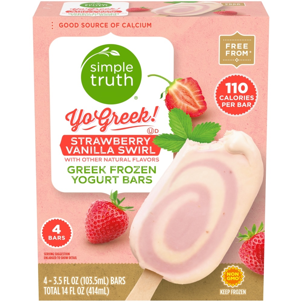 slide 1 of 1, Simple Truth Yo Greek Strawberry Vanilla Swirl Greek Frozen Yogurt Bars, 4 ct; 3.5 fl oz