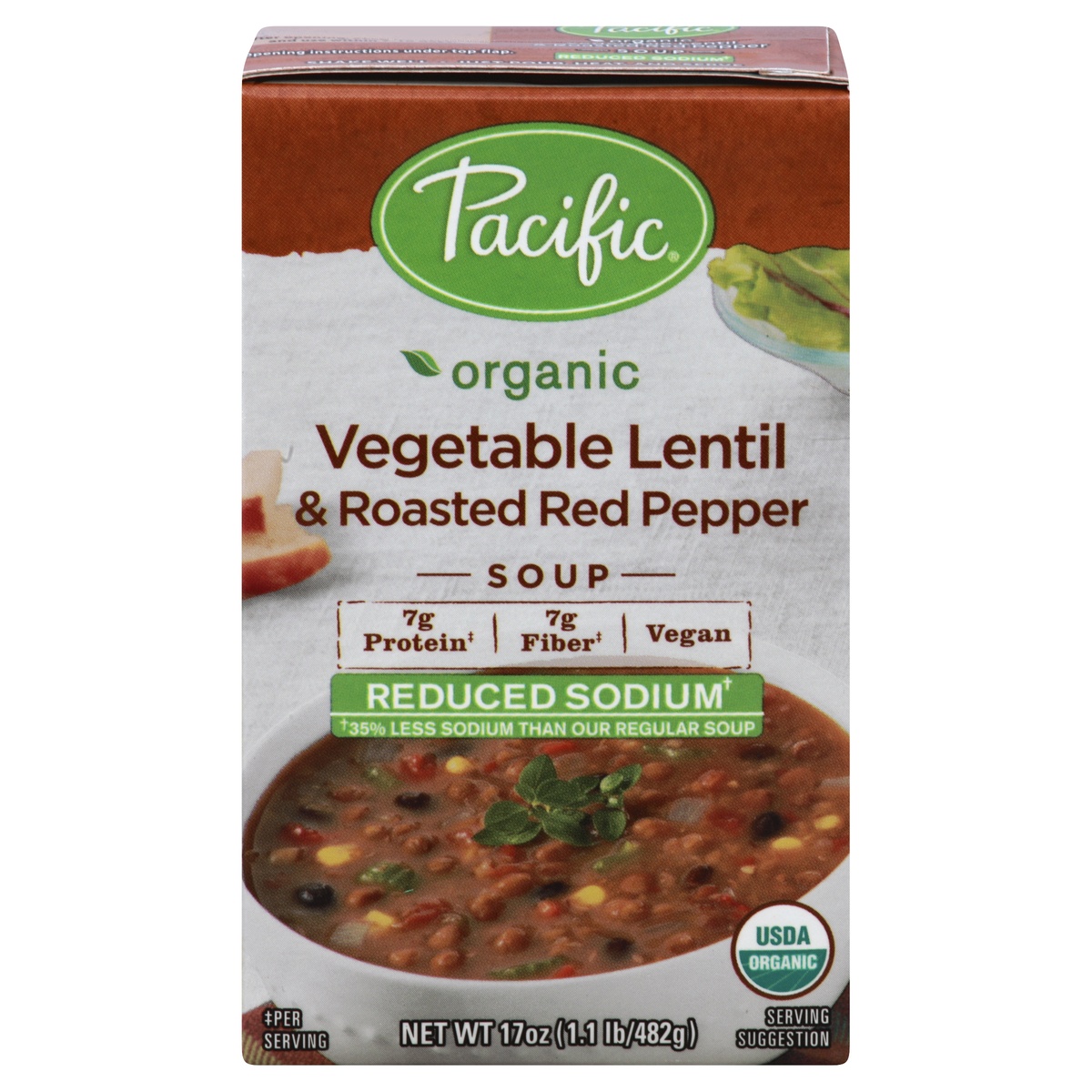 slide 1 of 1, Pacific Foods Reduced Sodium Organic Vegetable Lentil and Roasted Red Pepper Soup, 17 oz