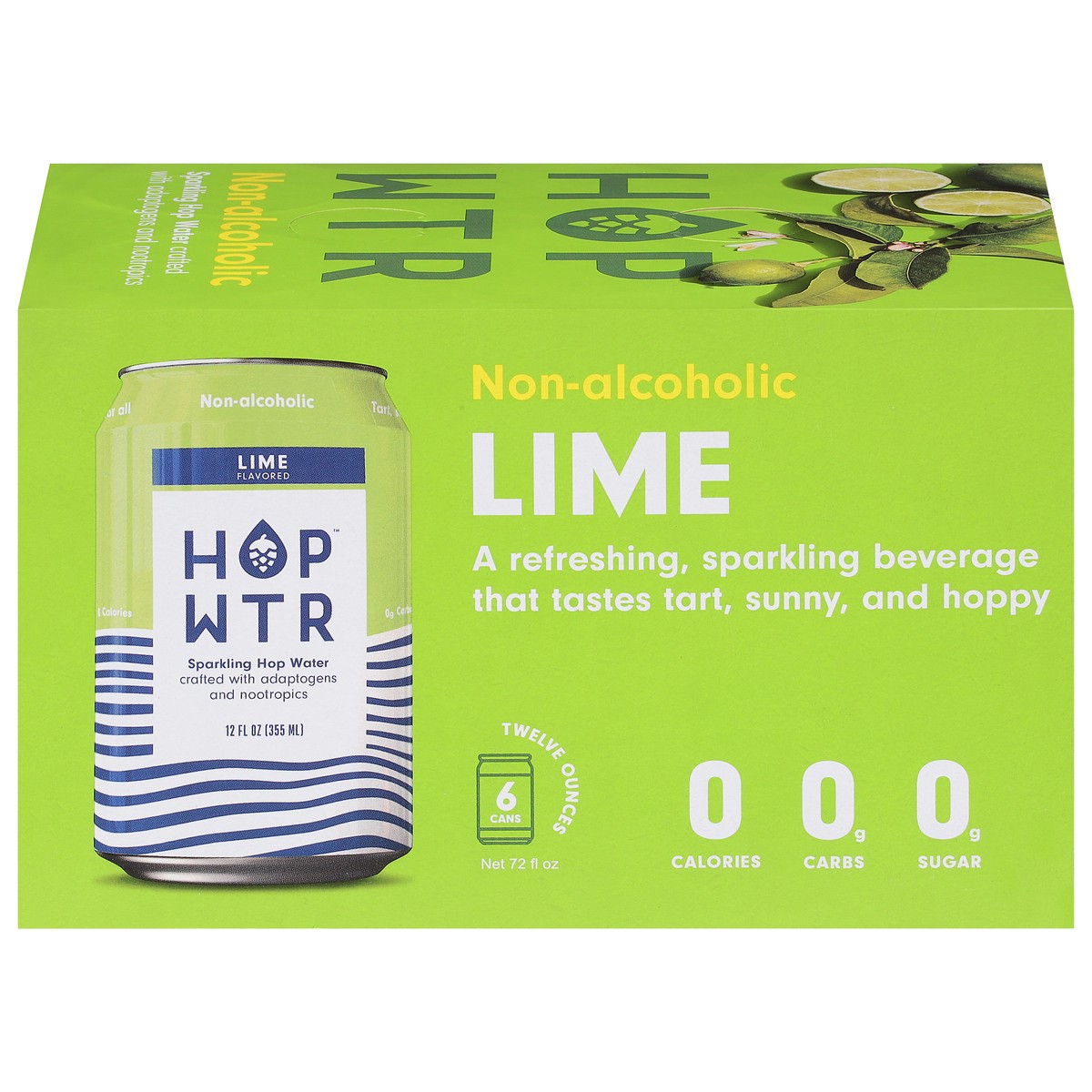 slide 1 of 3, Hop Wtr Non-Alcoholic Lime Sparkling Hop Water 6 - 12 oz Cans, 6 ct