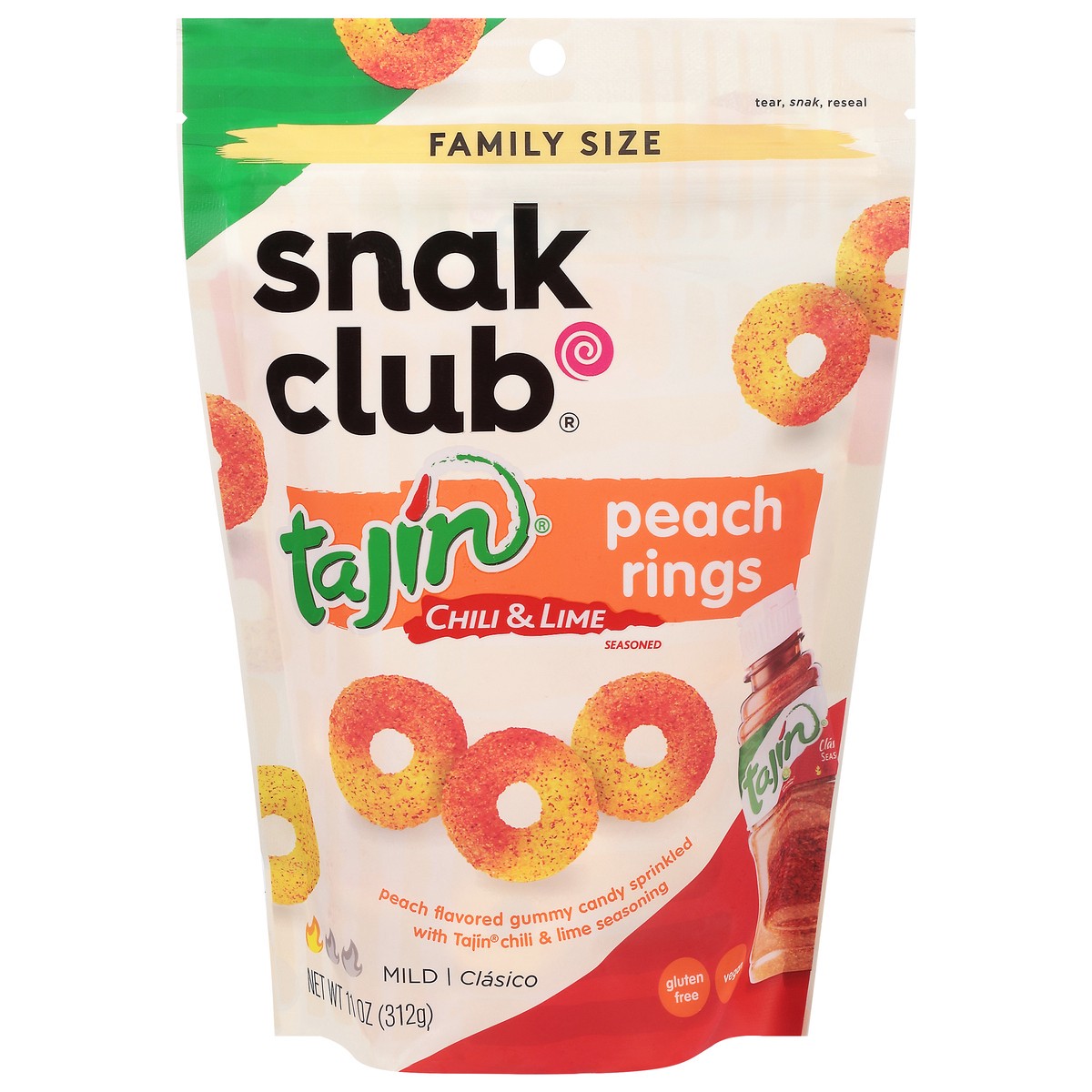 slide 1 of 1, Snak Club Mild Tajin Chili & Lime Seasoned Peach Rings Family Size 11 oz, 11 oz