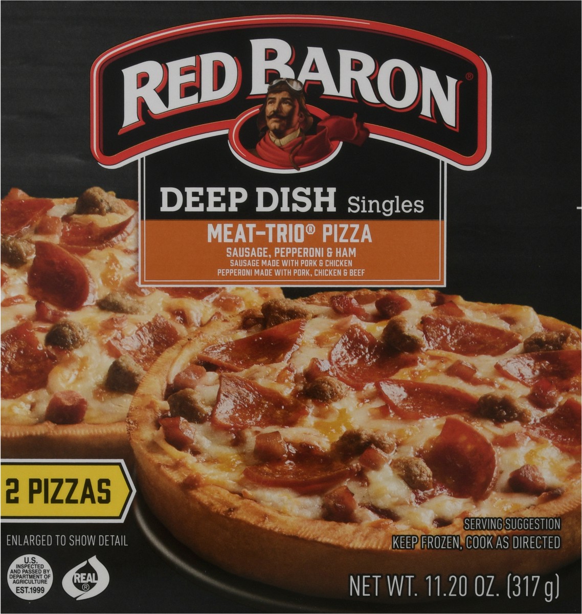 slide 8 of 10, Red Baron Deep Dish Singles Meat Trio Frozen Pizza - 11.2oz, 2 ct