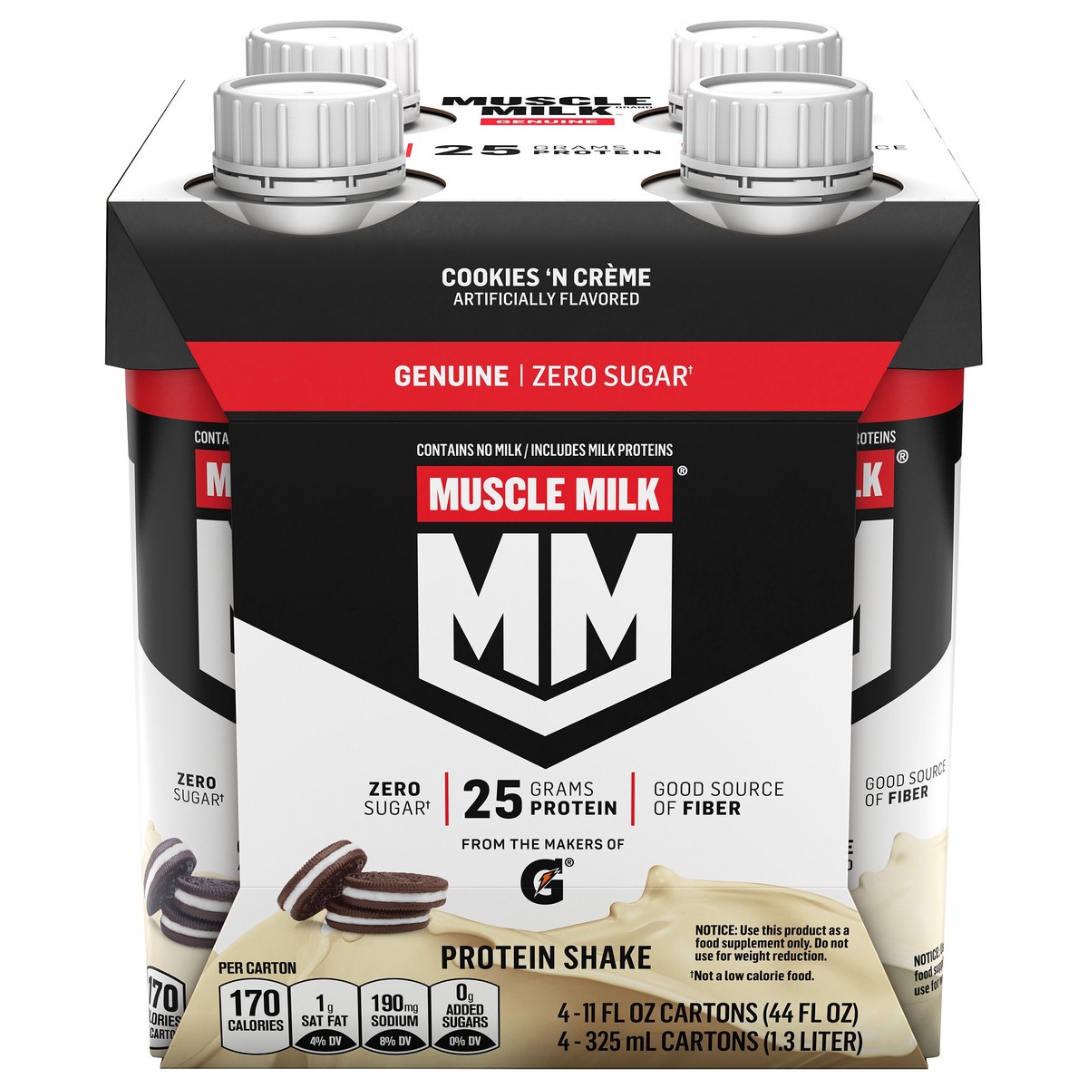 slide 1 of 9, Muscle Milk Genuine Protein Shake Cookies 'N Creme 11 Fl Oz, 4 Count, 4 ct