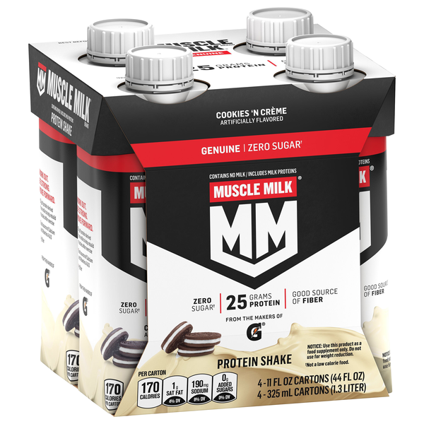 slide 1 of 1, Muscle Milk Genuine Protein Shake Cookies 'N Creme 11 Fl Oz, 4 Count, 4 ct