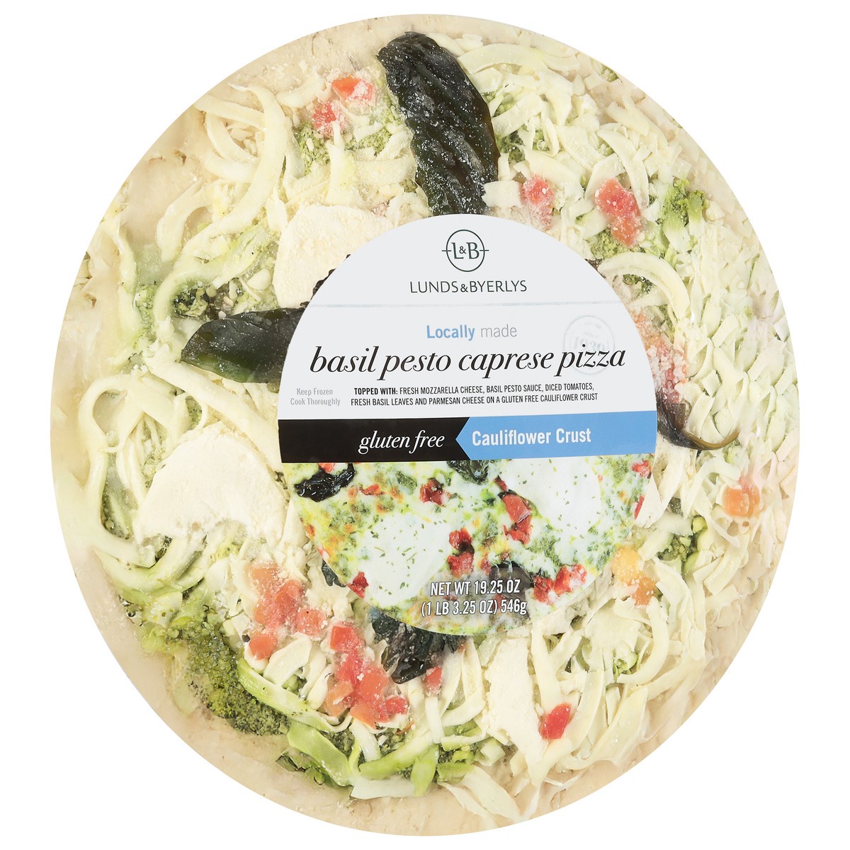slide 4 of 4, Lunds & Byerlys Gluten Free Cauliflower Crust Basil Pesto Caprese Pizza 19.25 oz, 19.25 oz