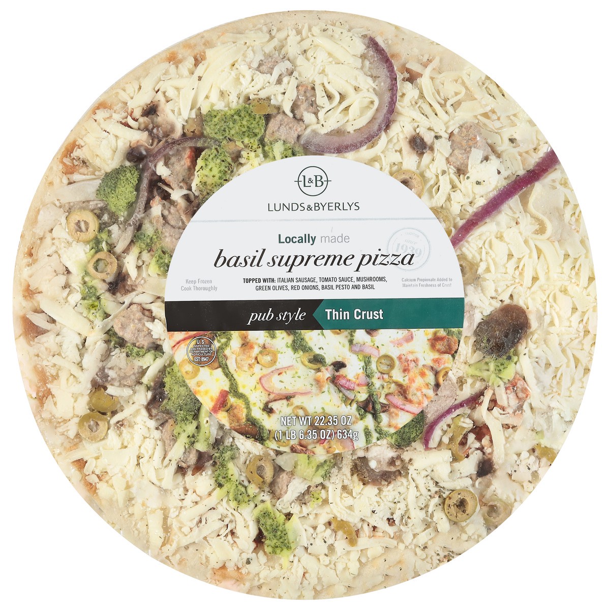 slide 3 of 4, Lunds & Byerlys Pub Style Thin Crust Basil Supreme Pizza 22.35 oz, 22.35 oz
