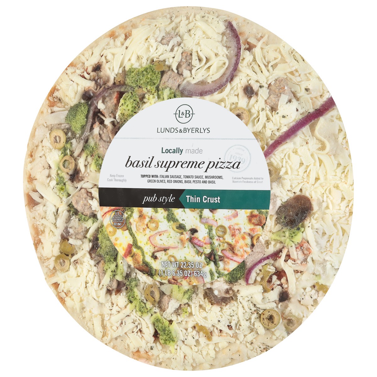 slide 2 of 4, Lunds & Byerlys Pub Style Thin Crust Basil Supreme Pizza 22.35 oz, 22.35 oz