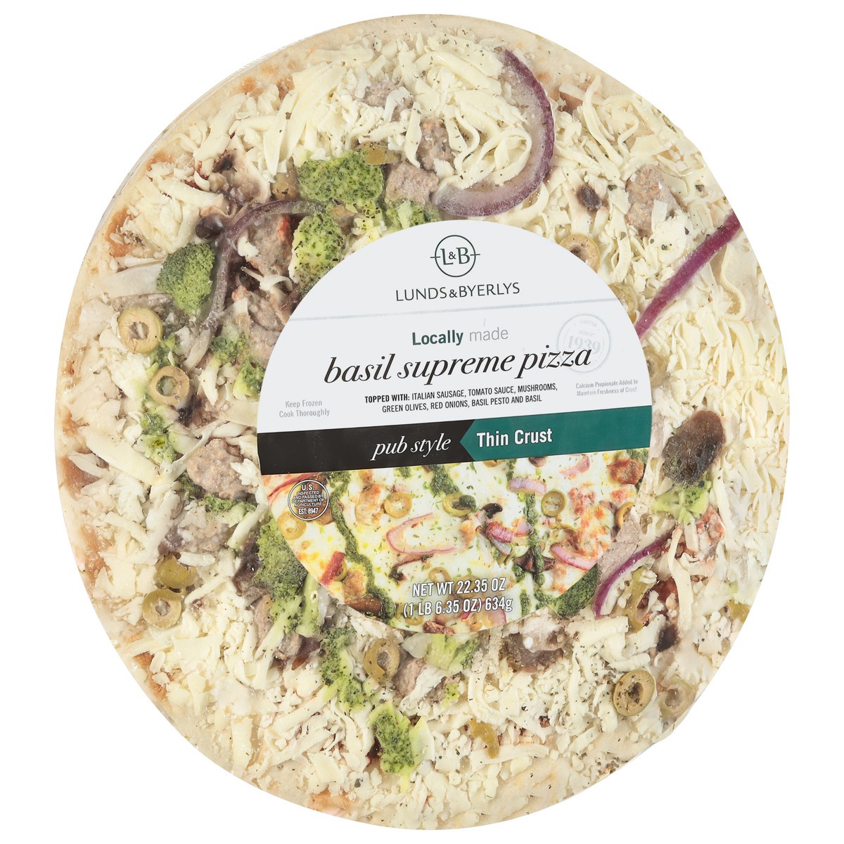 slide 4 of 4, Lunds & Byerlys Pub Style Thin Crust Basil Supreme Pizza 22.35 oz, 22.35 oz