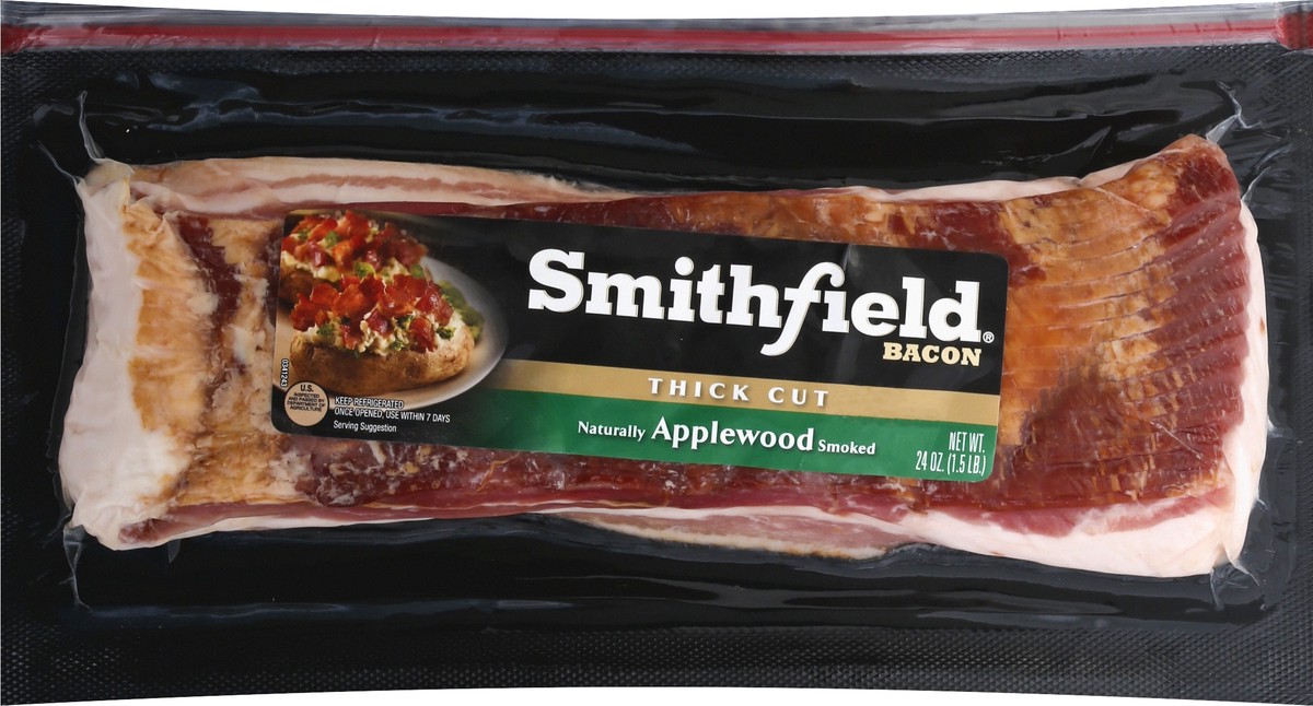 slide 3 of 9, Smithfield Thick Cut Applewood Smoked Bacon 24 oz, 24 oz