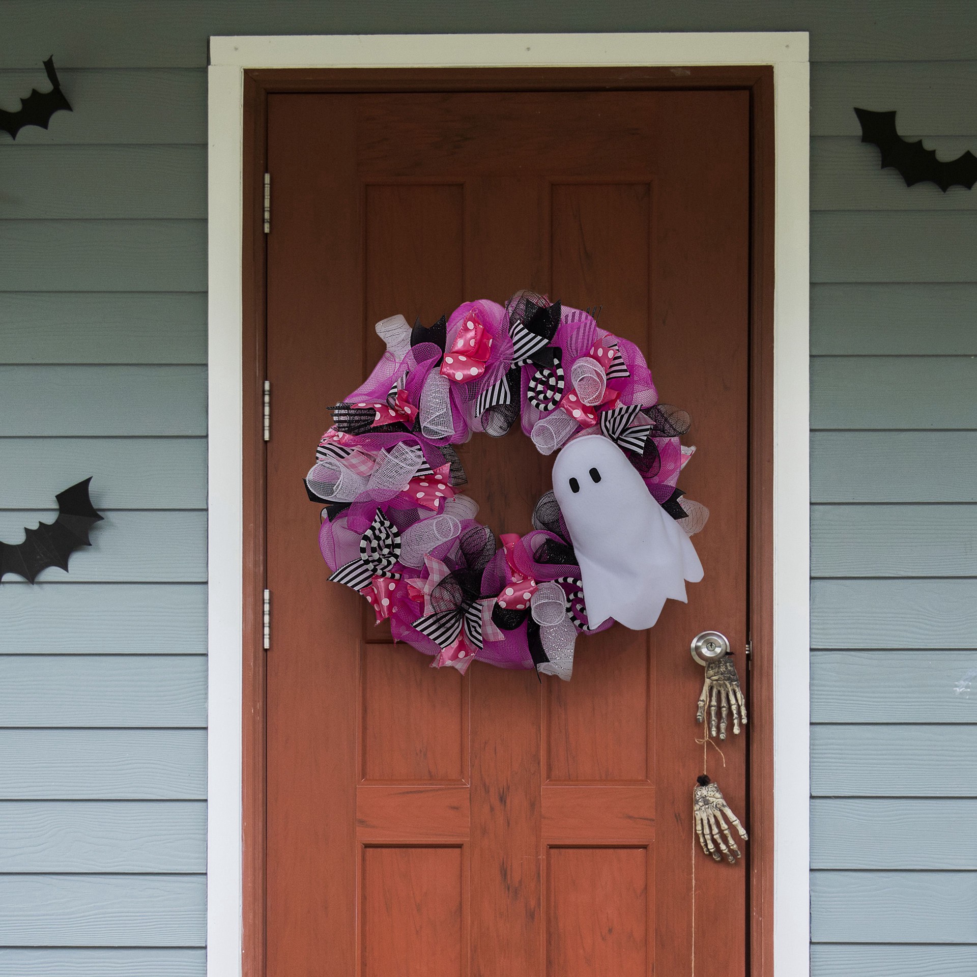 slide 2 of 5, 24" Pink, Black & White Mesh & Ribbon Wreath With Ghost By Ashland, 24 in