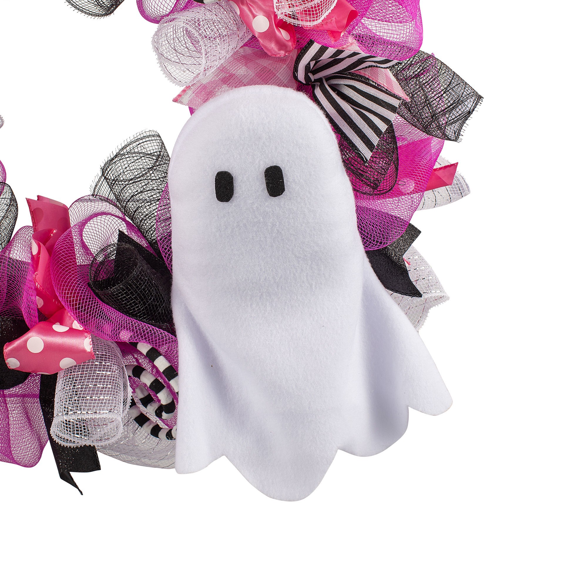 slide 5 of 5, 24" Pink, Black & White Mesh & Ribbon Wreath With Ghost By Ashland, 24 in
