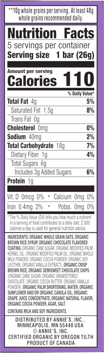 slide 7 of 14, Annie's Organic Drizzle Granola Bars, Chocolate Chip, 5 Bars, 4.6 oz, 5 ct