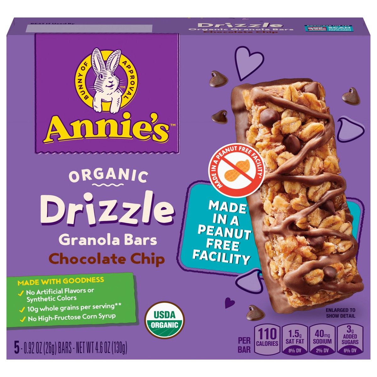 slide 1 of 14, Annie's Organic Drizzle Granola Bars, Chocolate Chip, 5 Bars, 4.6 oz, 5 ct