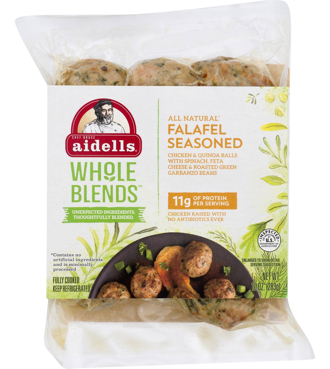 slide 1 of 1, Aidells Whole Blends, Fully Cooked, Falafel Seasoned Chicken & Quinoa Balls, 1 ct