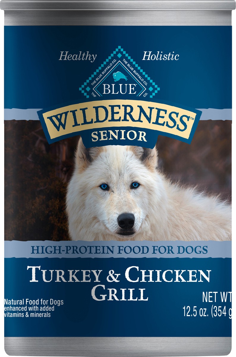 slide 2 of 5, Blue Buffalo Wilderness High Protein, Natural Senior Wet Dog Food, Turkey & Chicken Grill 12.5-oz Can, 12.5 oz