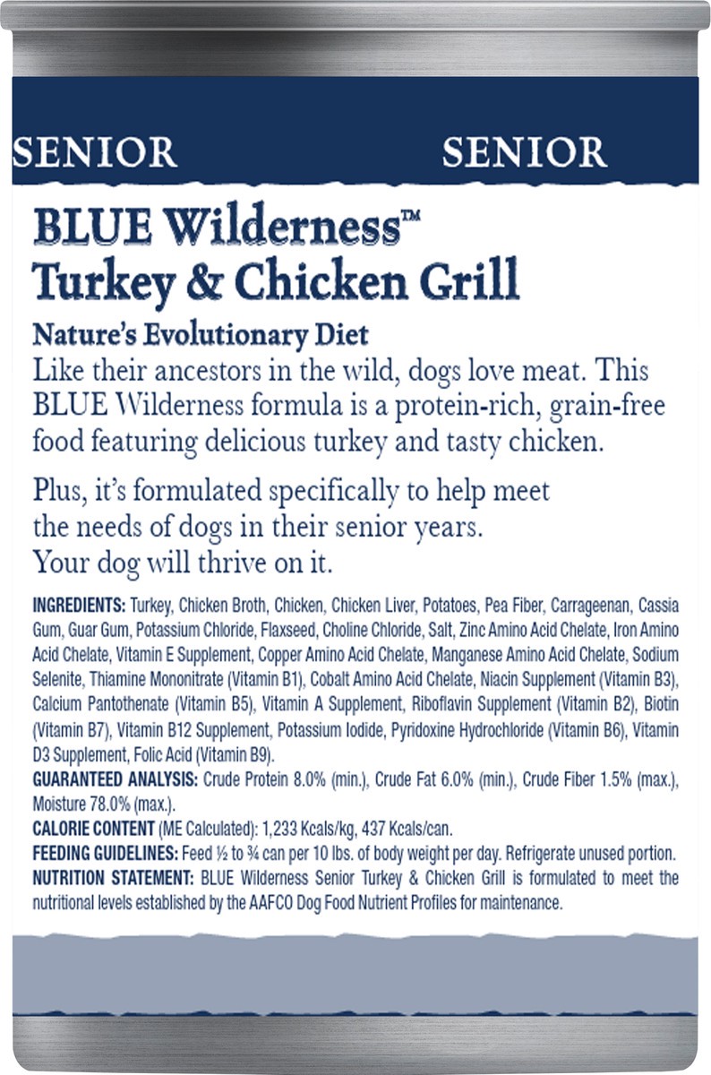 slide 3 of 5, Blue Buffalo Wilderness High Protein, Natural Senior Wet Dog Food, Turkey & Chicken Grill 12.5-oz Can, 12.5 oz