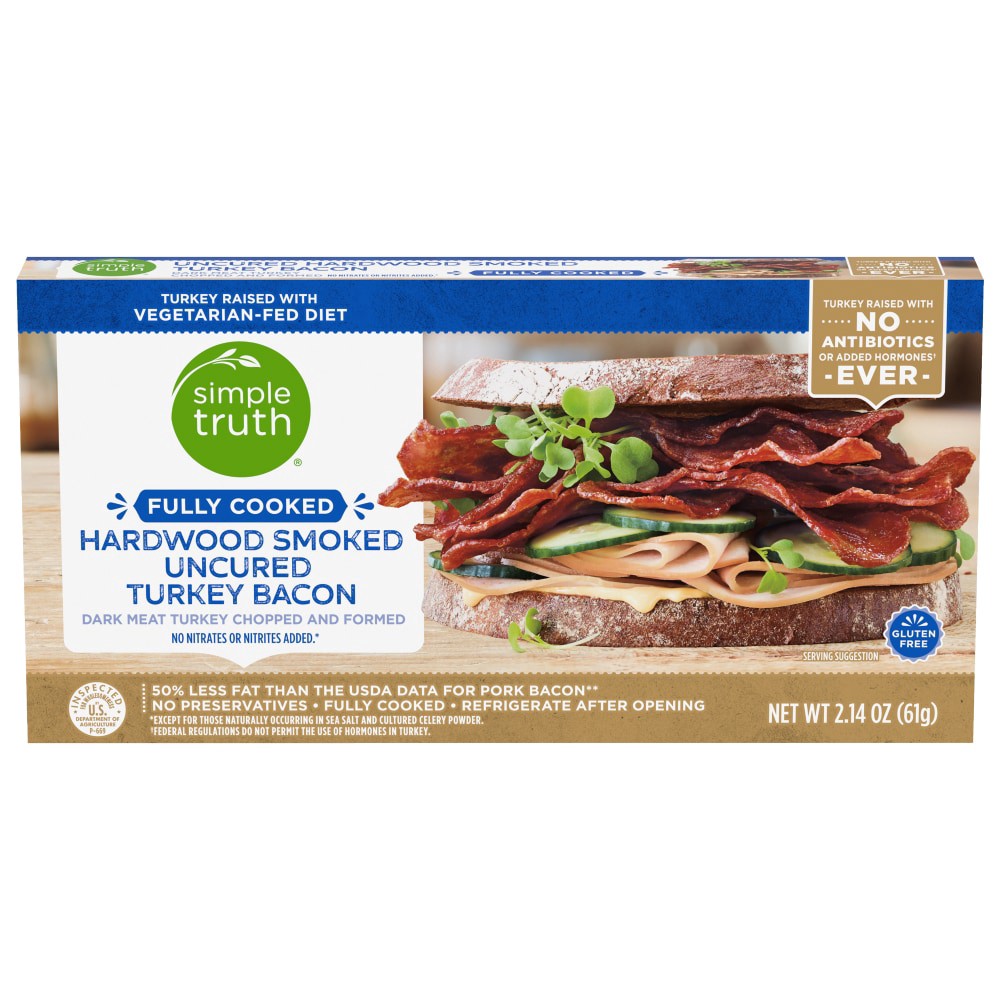 slide 1 of 5, Simple Truth Fully Cooked Uncured Hardwood Smoked Turkey Bacon, 2.14 oz