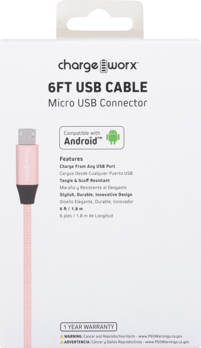 slide 5 of 9, Chargeworx Blush Micro USB Connector Cable, 6 ft