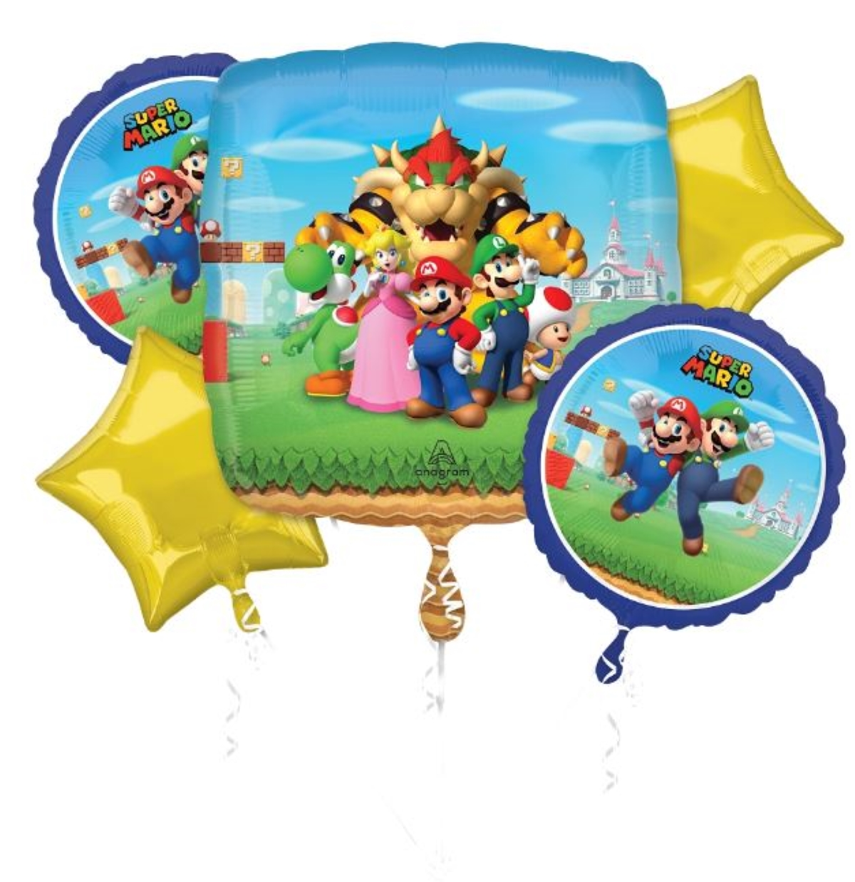 slide 3 of 5, Helium Balloon Bouquet, Mario Bros, 5 Count, 5 ct