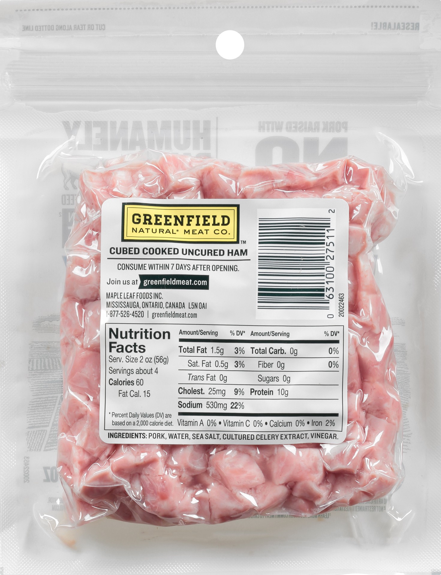 slide 2 of 2, Greenfield Natural* Meat Co. Cubed Cooked Uncured Ham, 227 g