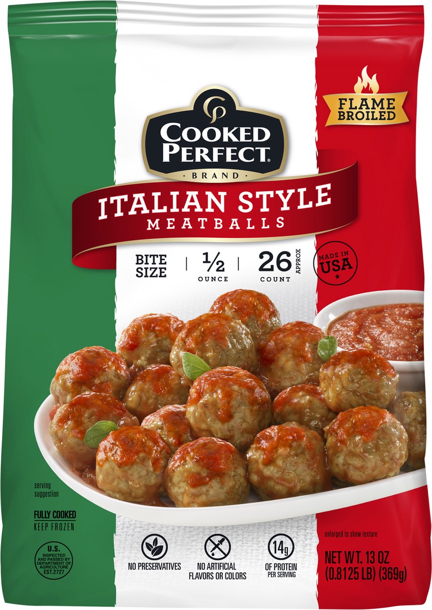 slide 9 of 10, Cooked Perfect Italian Style Meatballs, ½ oz, 13 oz
