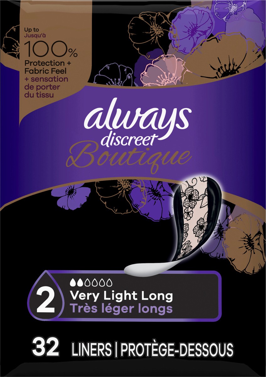 slide 5 of 6, Always Discreet Boutique Very Light Long Incontinence Liners, 32 ct