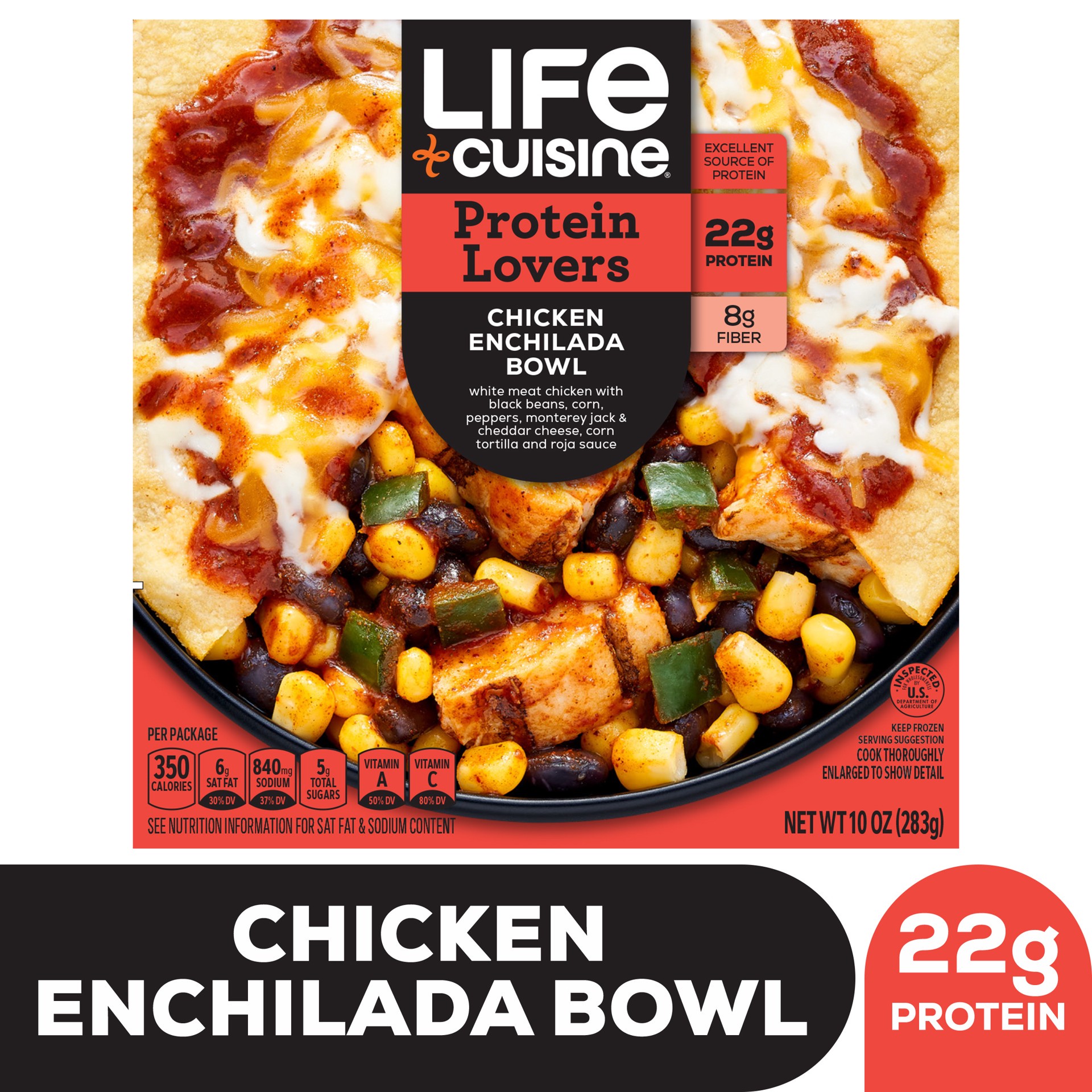 slide 1 of 9, Life Cuisine Frozen Meal Chicken Enchilada Bowl, Protein Lovers Microwave Meal, High Protein Dinner for One, 10 oz