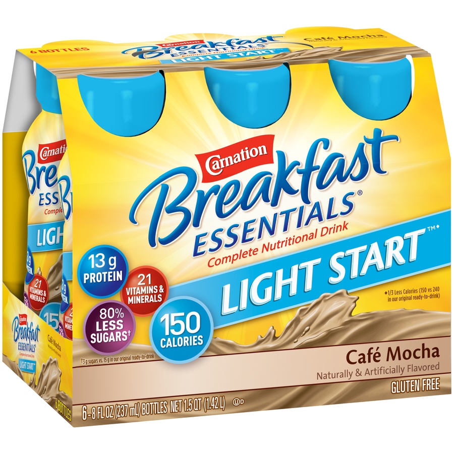 slide 1 of 1, Carnation Breakfast Essentials Light Start Cafe Mocha Complete Nutritional Drink - 6 ct; 8 fl oz, 6 ct; 8 fl oz