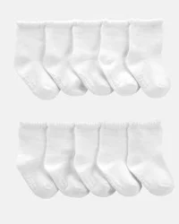 Carter's Baby Girl 10-Pack Scallop Crew Socks, White, Size 12-24 Months