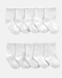Carter's Baby Girl 10-Pack Scallop Crew Socks, White, Size 12-24 Months